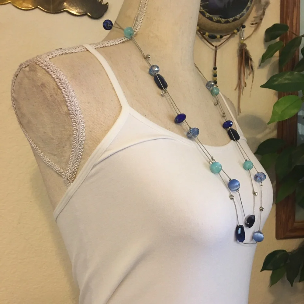 Blue tone glass beaded silver tone chain necklace